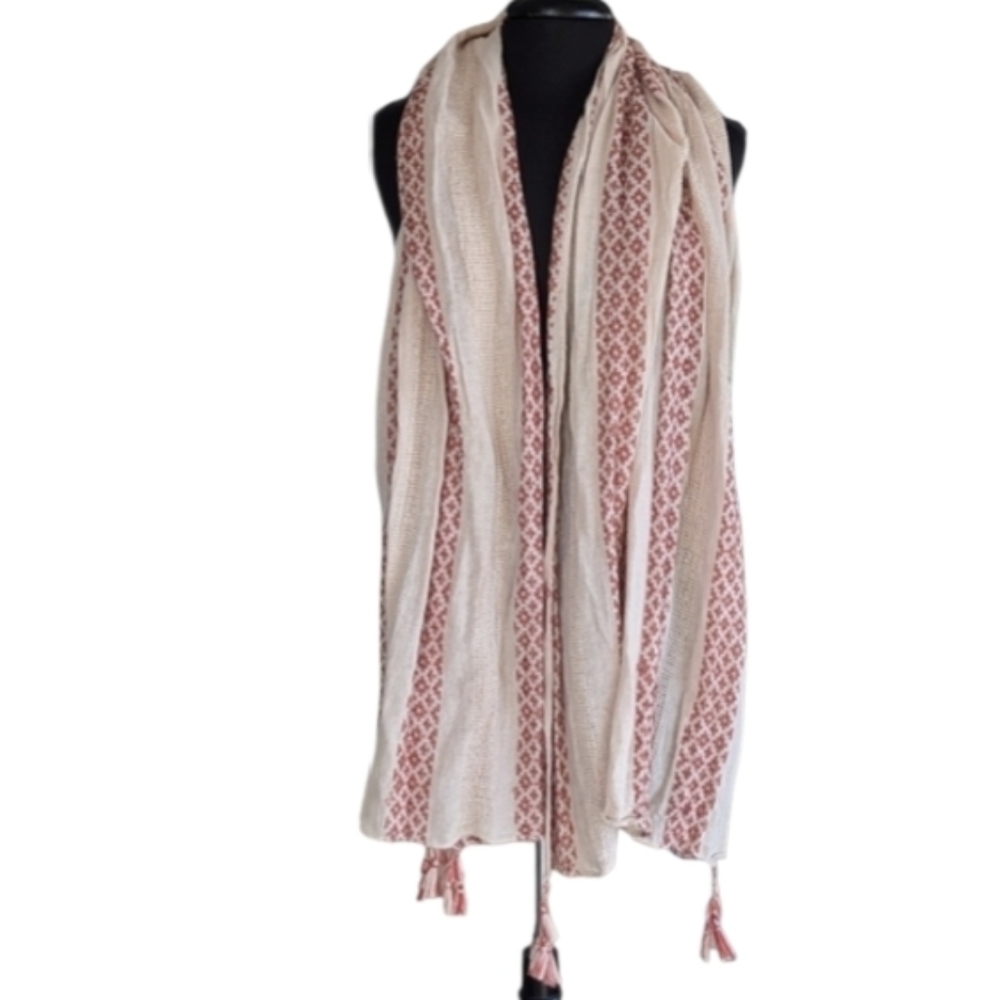 Bohemian Woven Blanket Scarf Cream & Red Hippie Wrap Resortwear Coastal Vacation